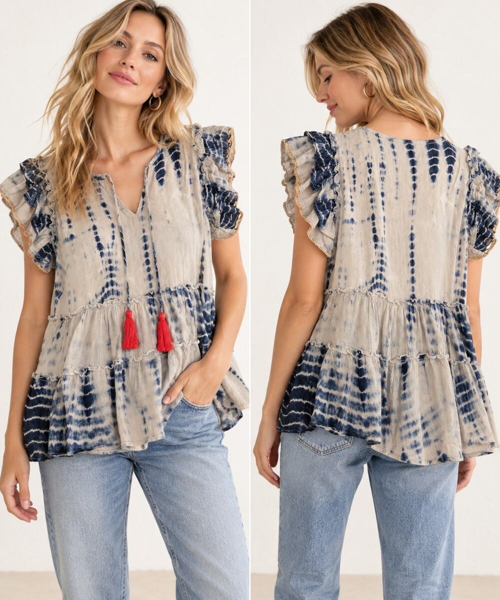 THML Women’s XS Tie Dye Ruffle Tiered Boho Blouse 100% Cotton Tassel Top Gypsy